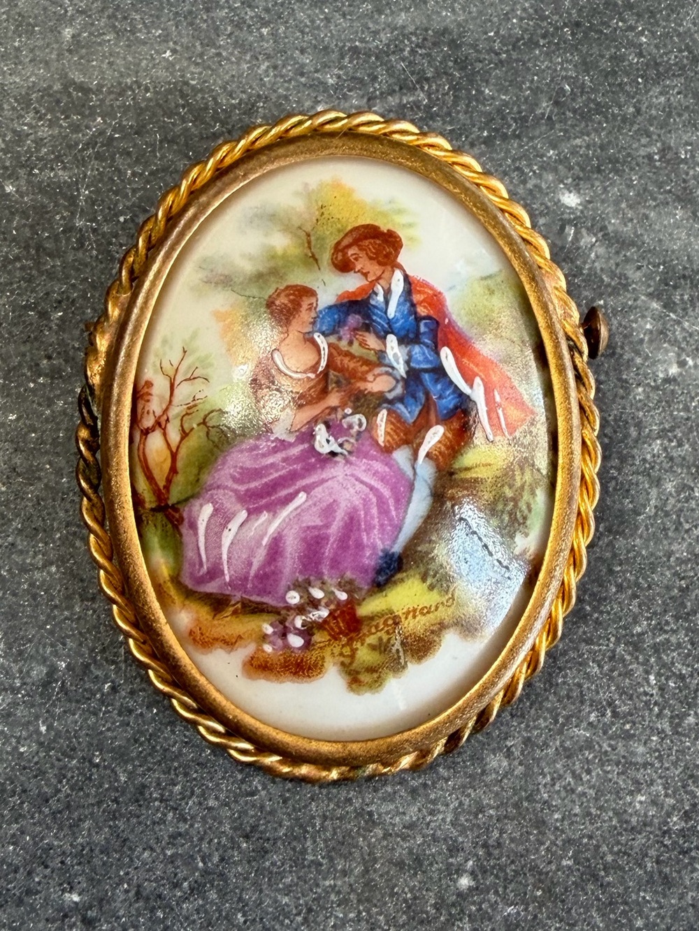 Vintage French Limoges Trombone Clasp Painted Porcelain Cameo Gold Brooch